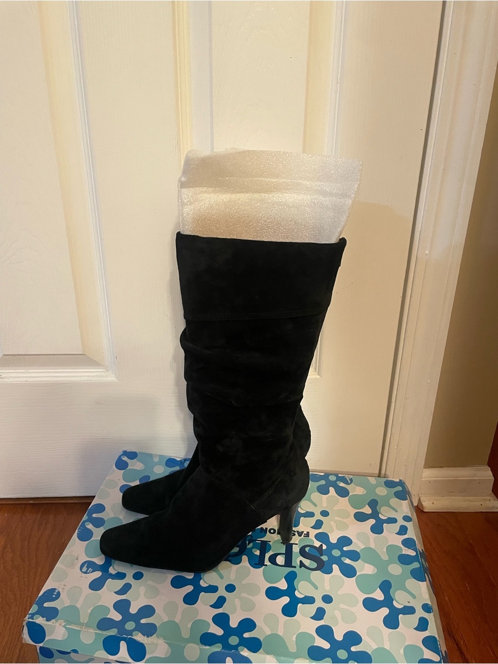 White Mountain Black Suede Knee-High Heeled Boots